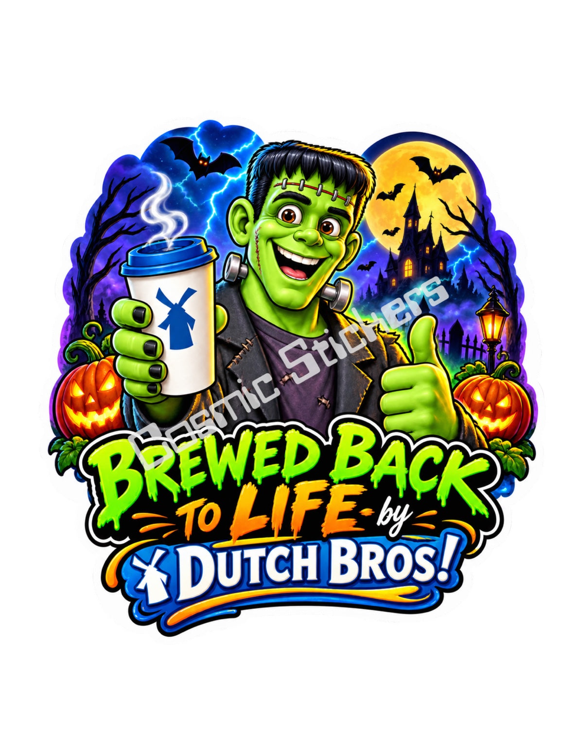 Fan-made Brewed Back to Life Frankenstein Dutch Bros inspired Halloween vinyl sticker