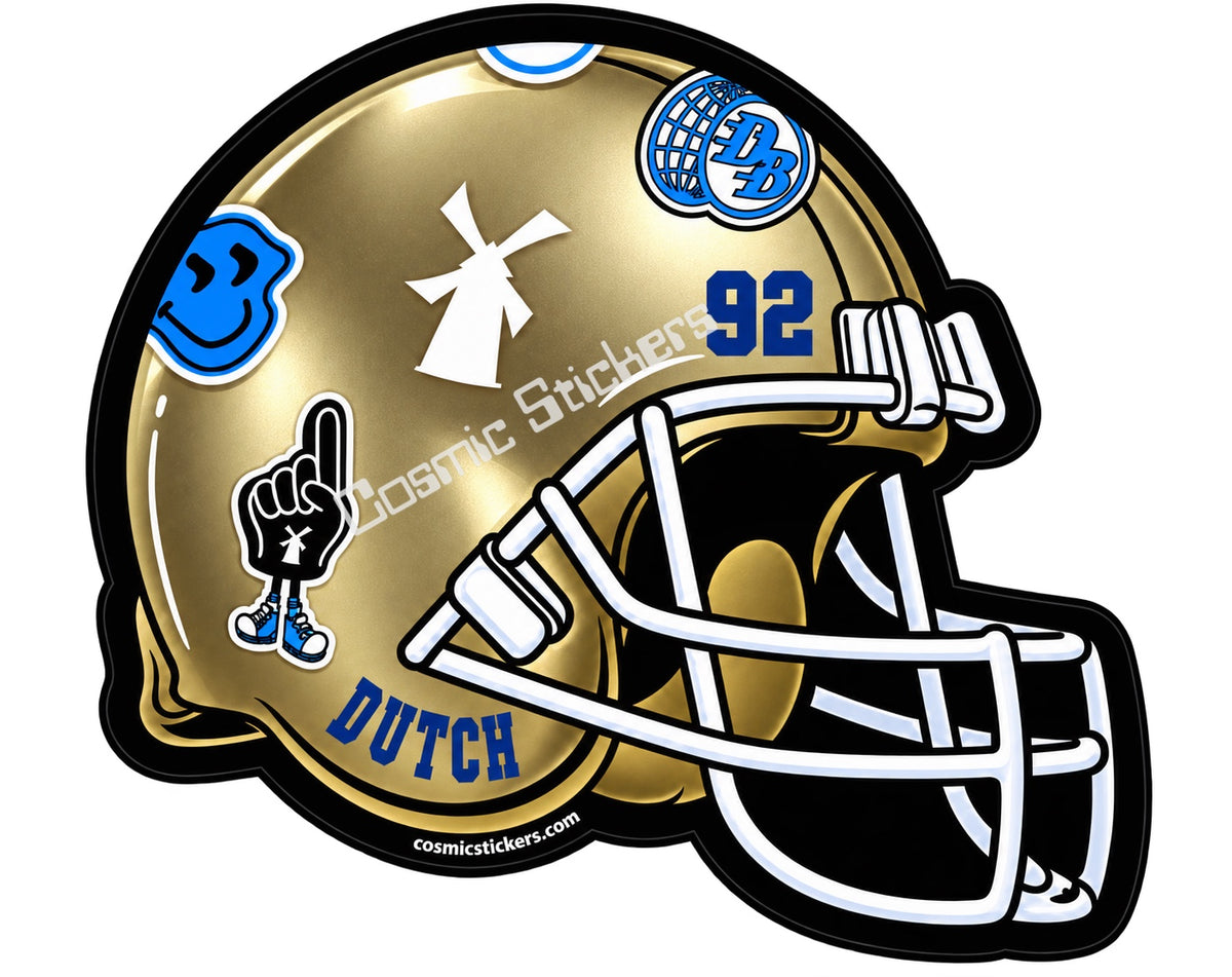Fan-made Dutch 92 football helmet sticker in champagne gold with blue, white, and black details