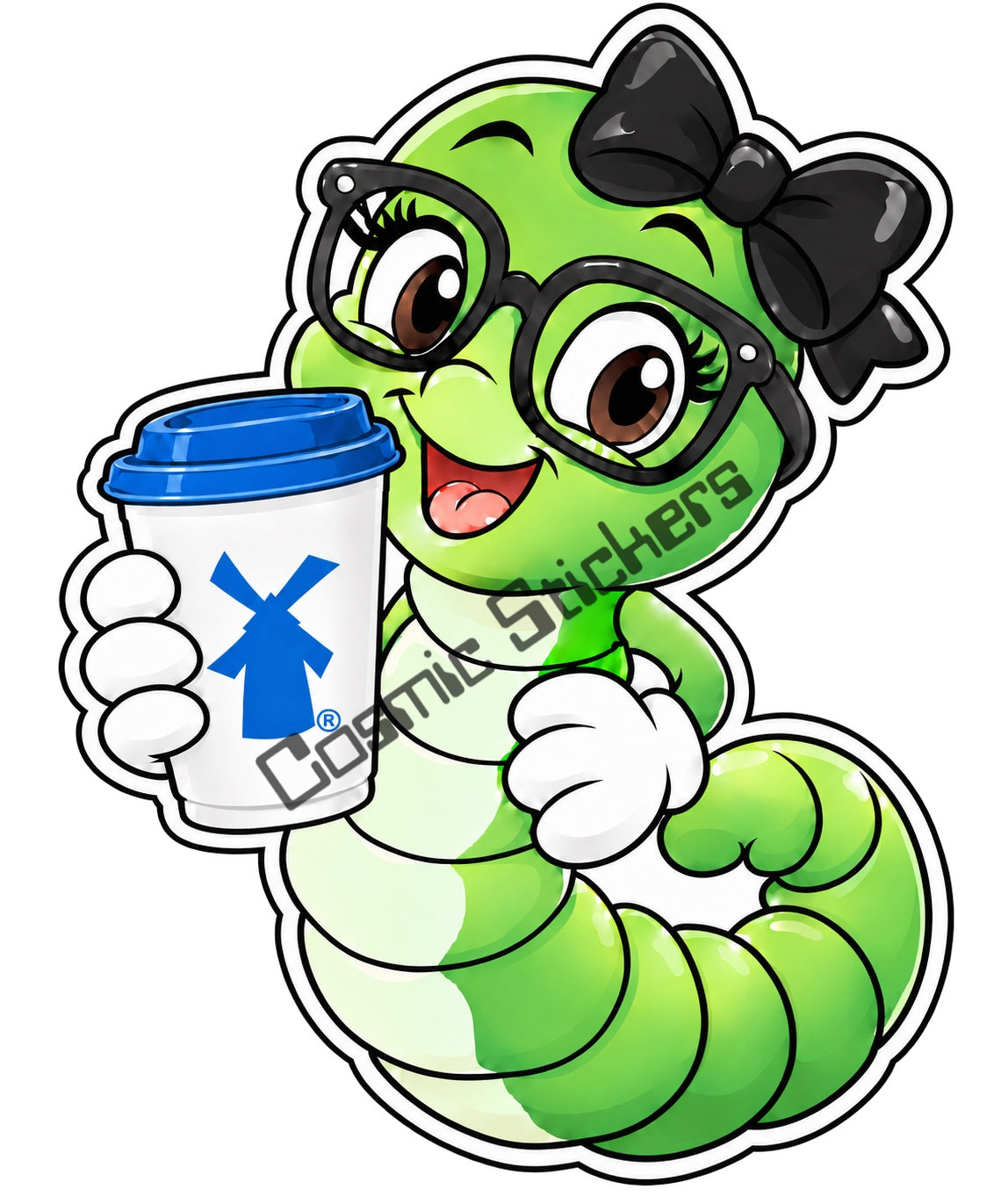 Fan-made Dutch Bros coffee bookworm sticker with black bow holding hot coffee