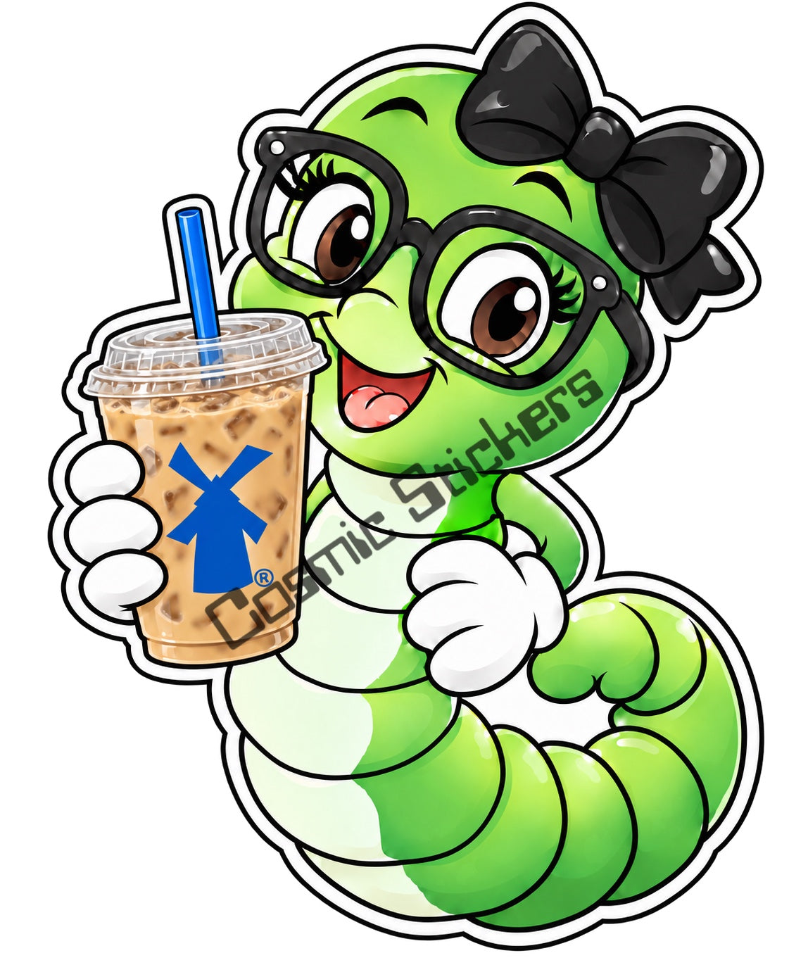 Fan-made Dutch Bros coffee bookworm sticker with black bow holding iced coffee