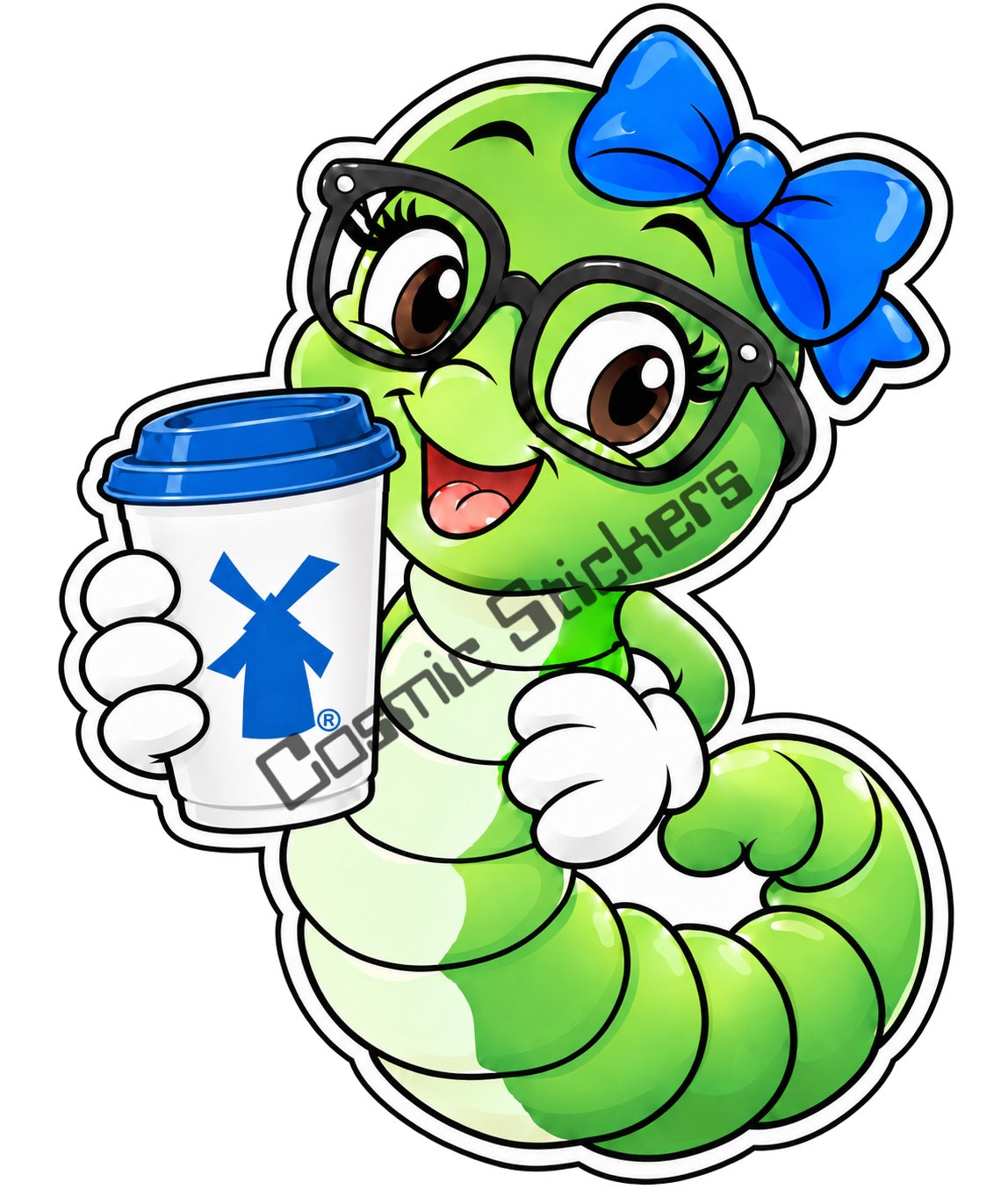 Fan-made Dutch Bros coffee bookworm sticker with blue bow holding hot coffee