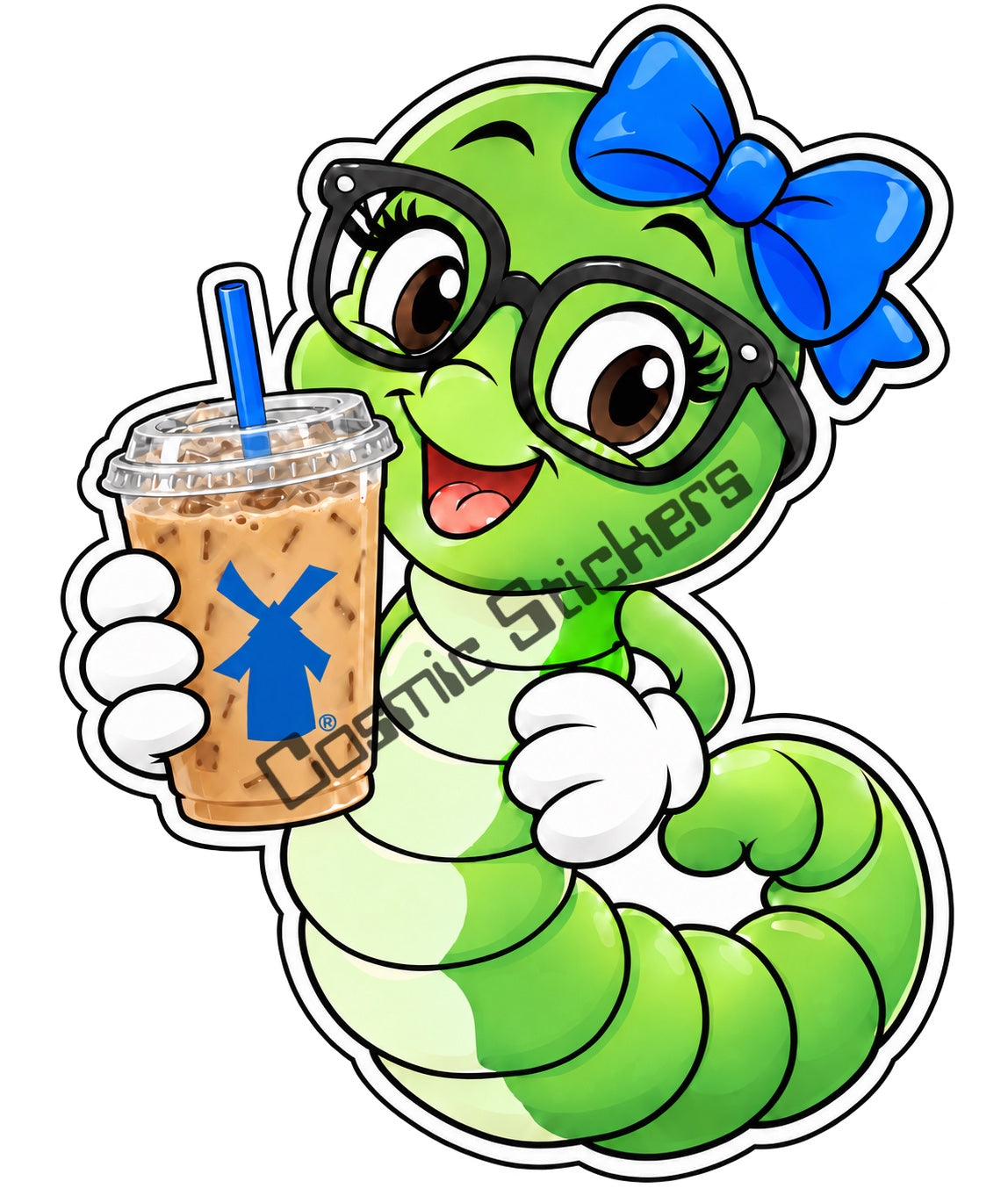 Fan-made Dutch Bros coffee bookworm sticker with blue bow holding iced coffee