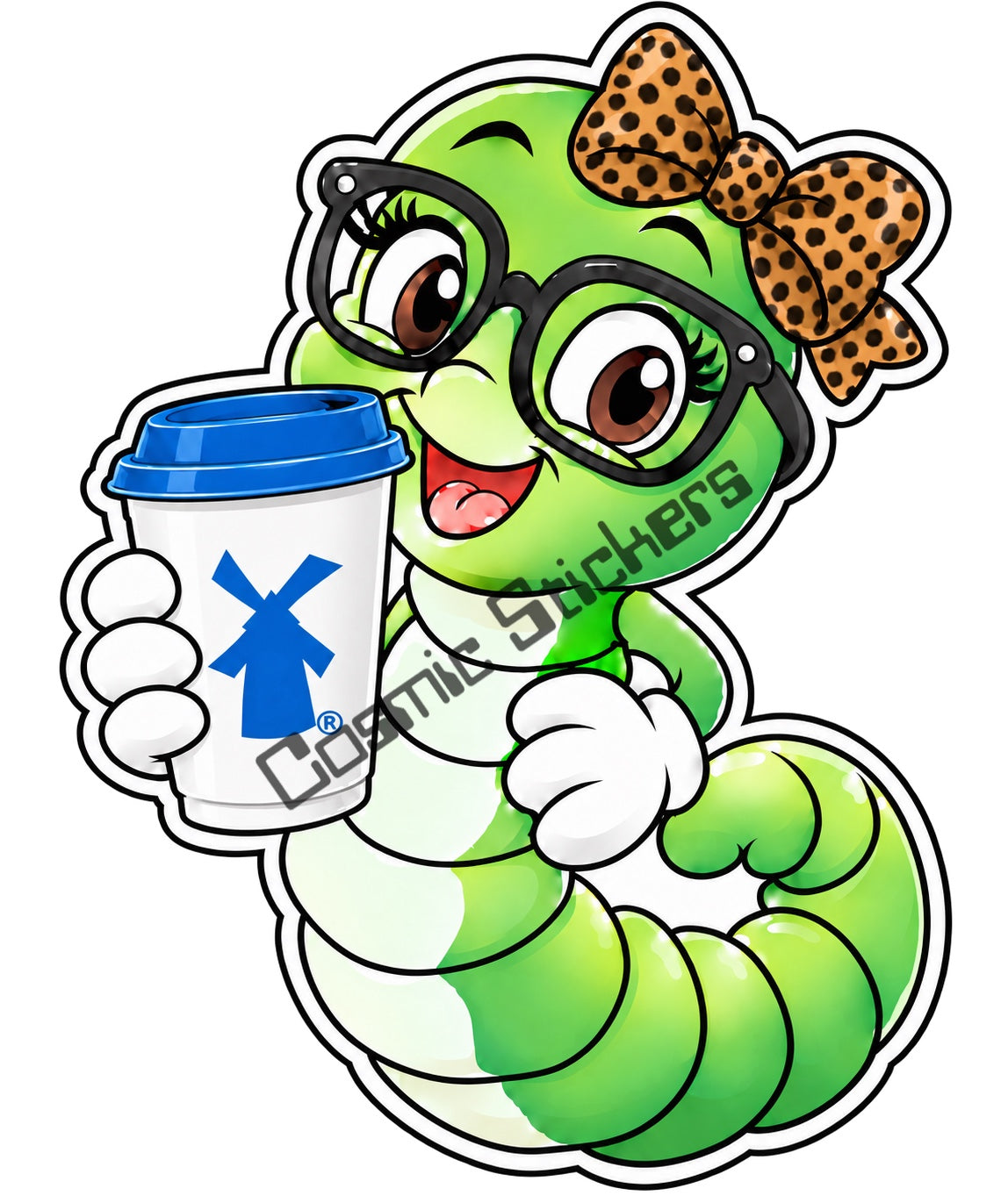 Fan-made Dutch Bros coffee bookworm sticker with cheetah bow holding hot coffee
