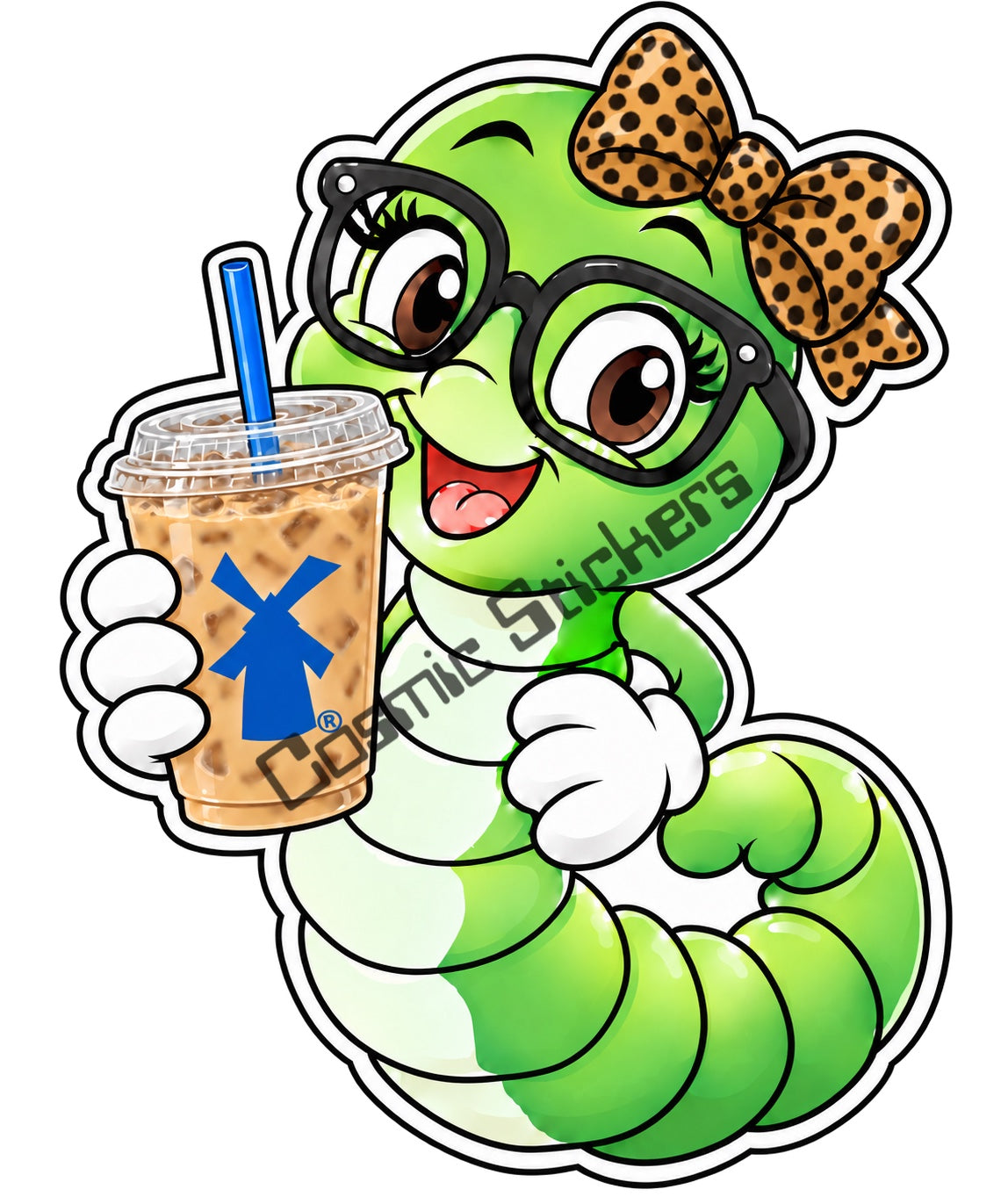 Fan-made Dutch Bros coffee bookworm sticker with cheetah bow holding iced coffee