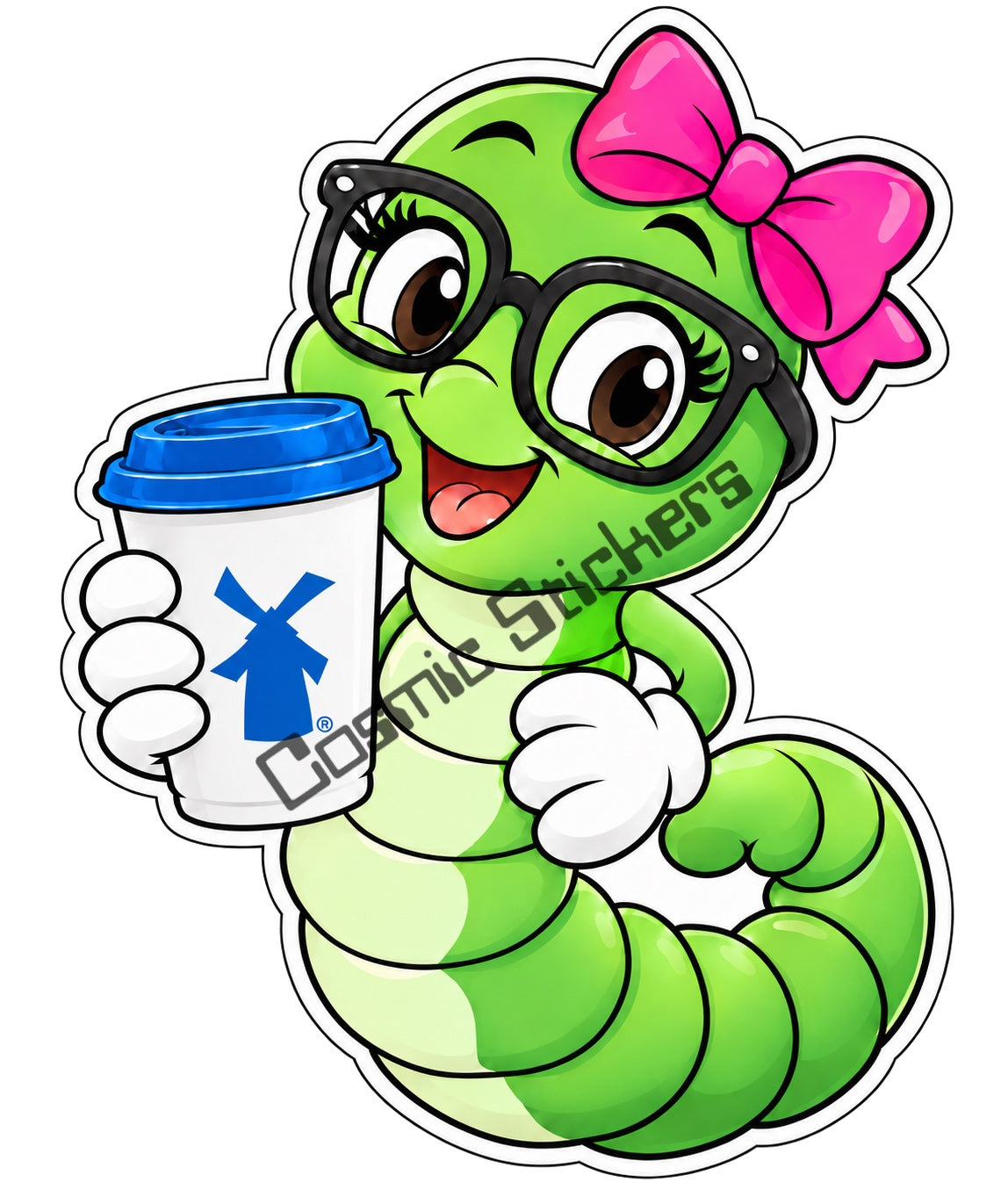 Fan-made Dutch Bros coffee bookworm sticker with pink bow holding hot coffee