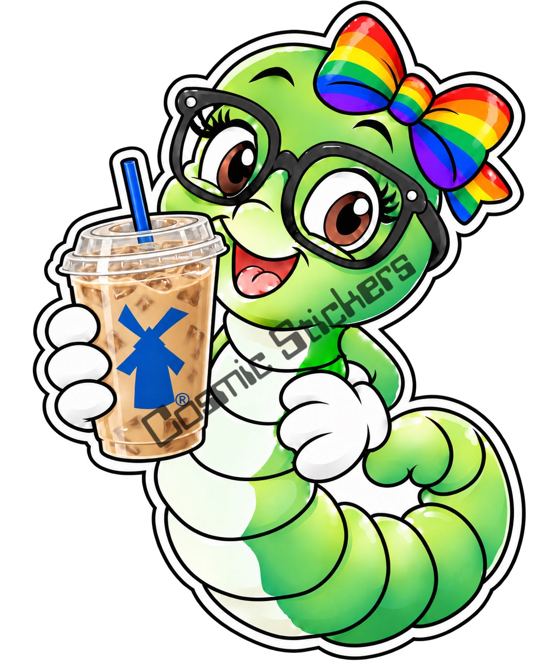Fan-made Dutch Bros coffee bookworm sticker with rainbow bow holding iced coffee