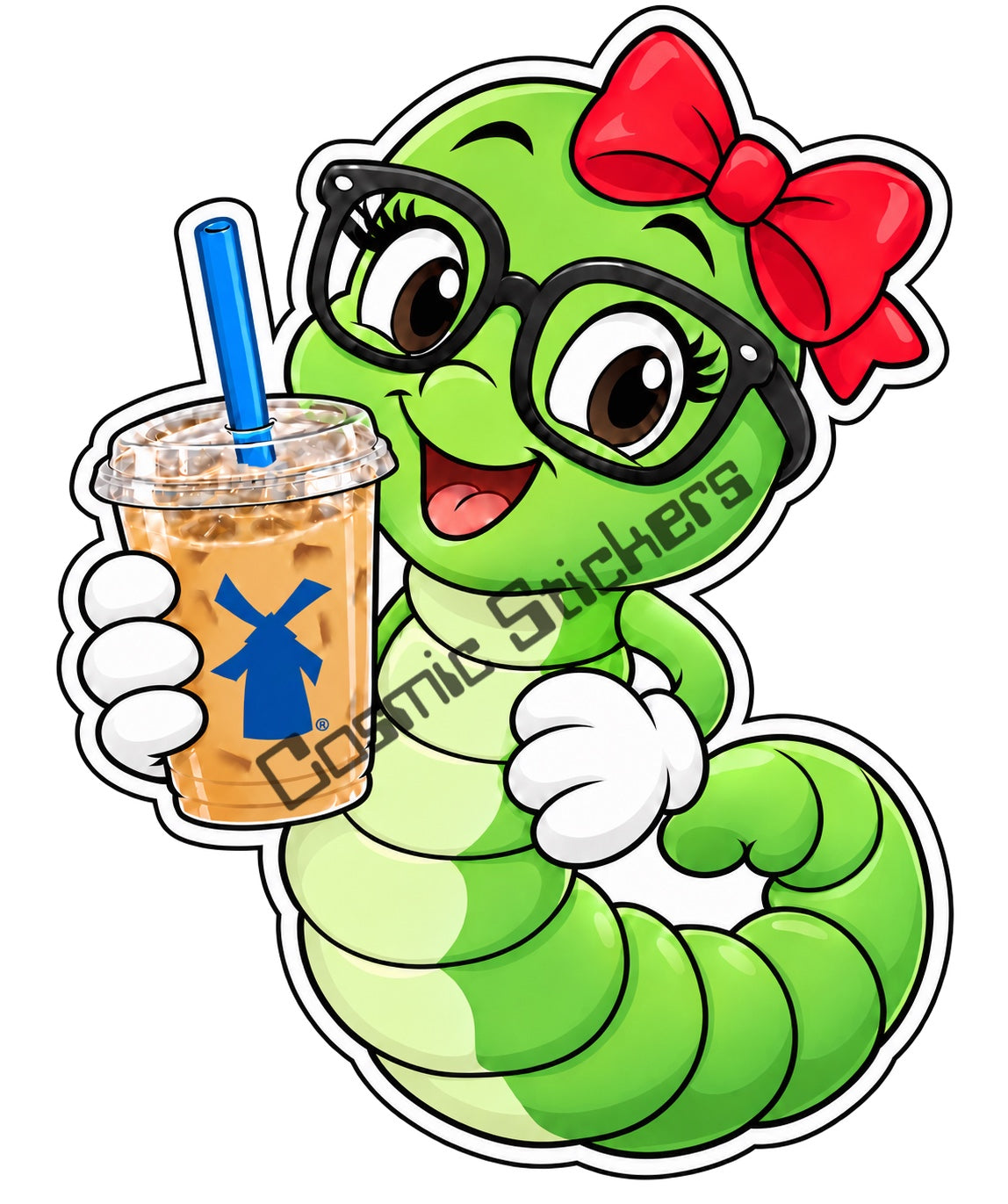 Fan-made Dutch Bros coffee bookworm sticker with red bow holding iced coffee