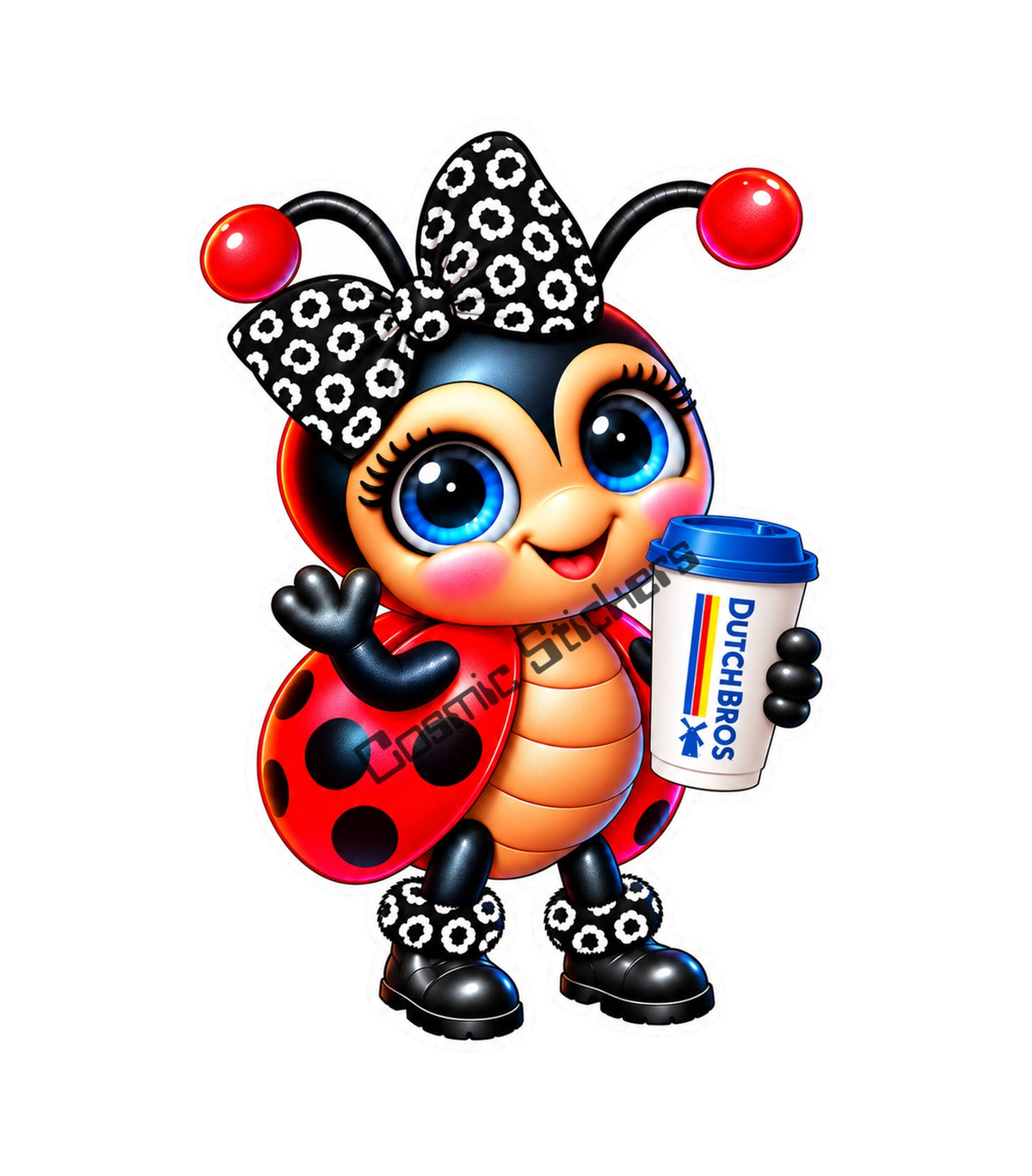 Fan-Made Dutch Bros Coffee Ladybug Sticker | Black and White Leopard Bow | Hot Coffee