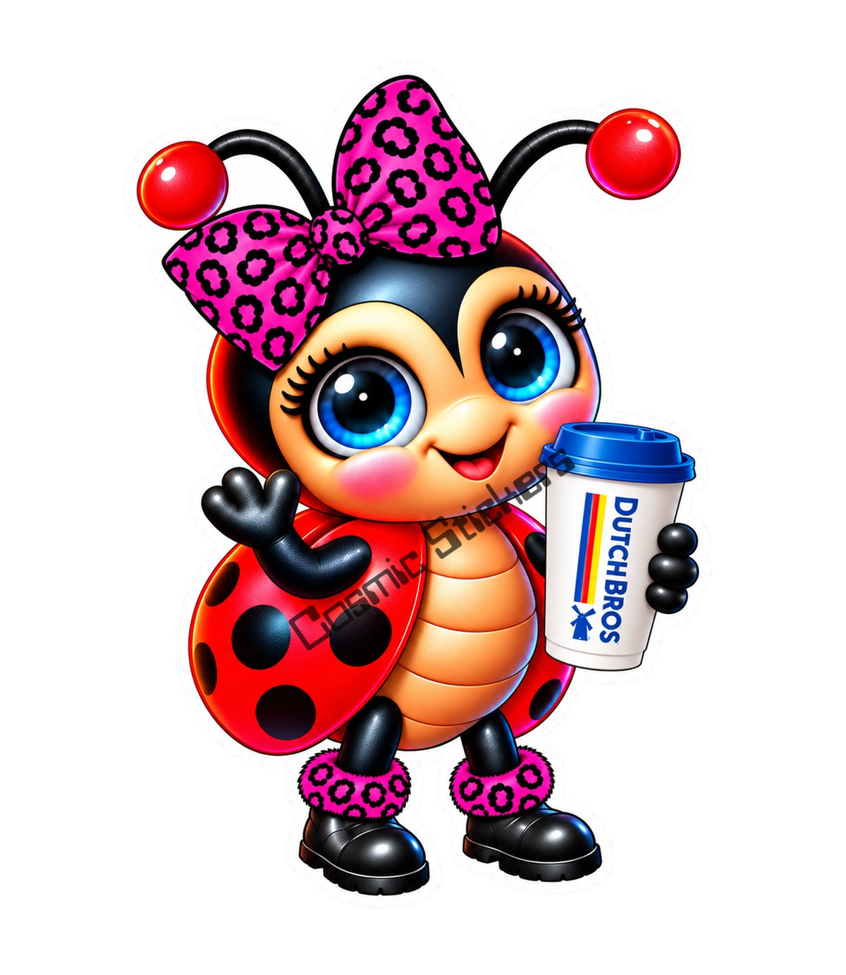 Fan-Made Dutch Bros Coffee Ladybug Sticker | Pink Leopard Bow | Hot Coffee