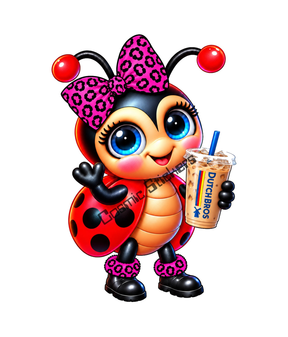 Fan-Made Dutch Bros Coffee Ladybug Sticker | Pink Leopard Bow | Iced Coffee