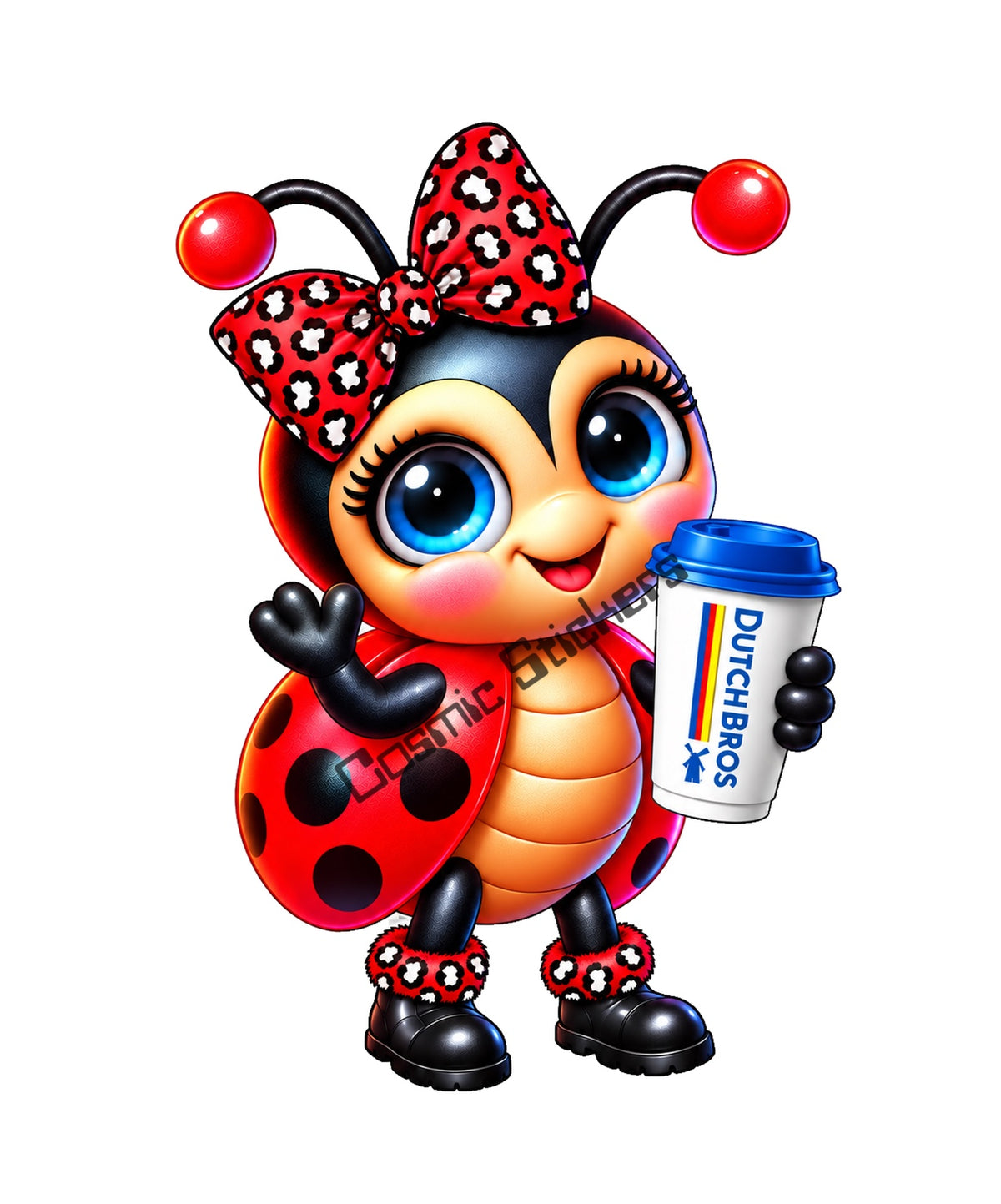 Fan-Made Dutch Bros Coffee Ladybug Sticker | Red Leopard Bow | Hot Coffee