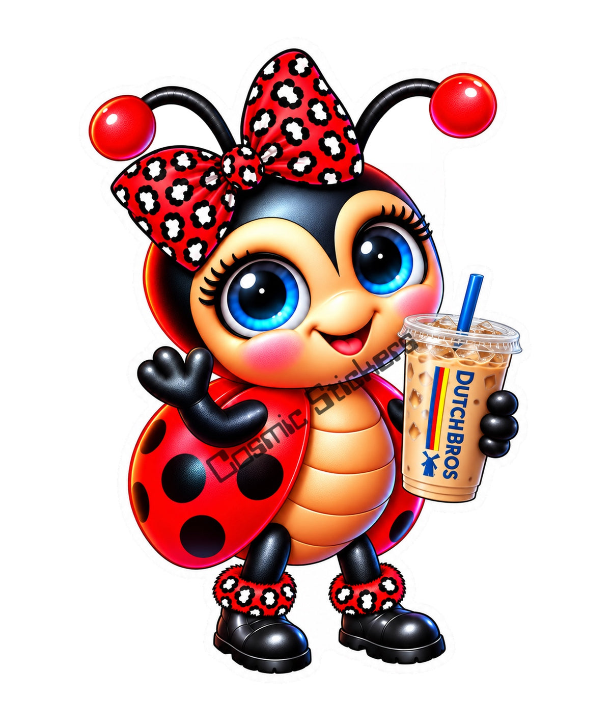 Fan-Made Dutch Bros Coffee Ladybug Sticker | Red Leopard Bow | Iced Coffee