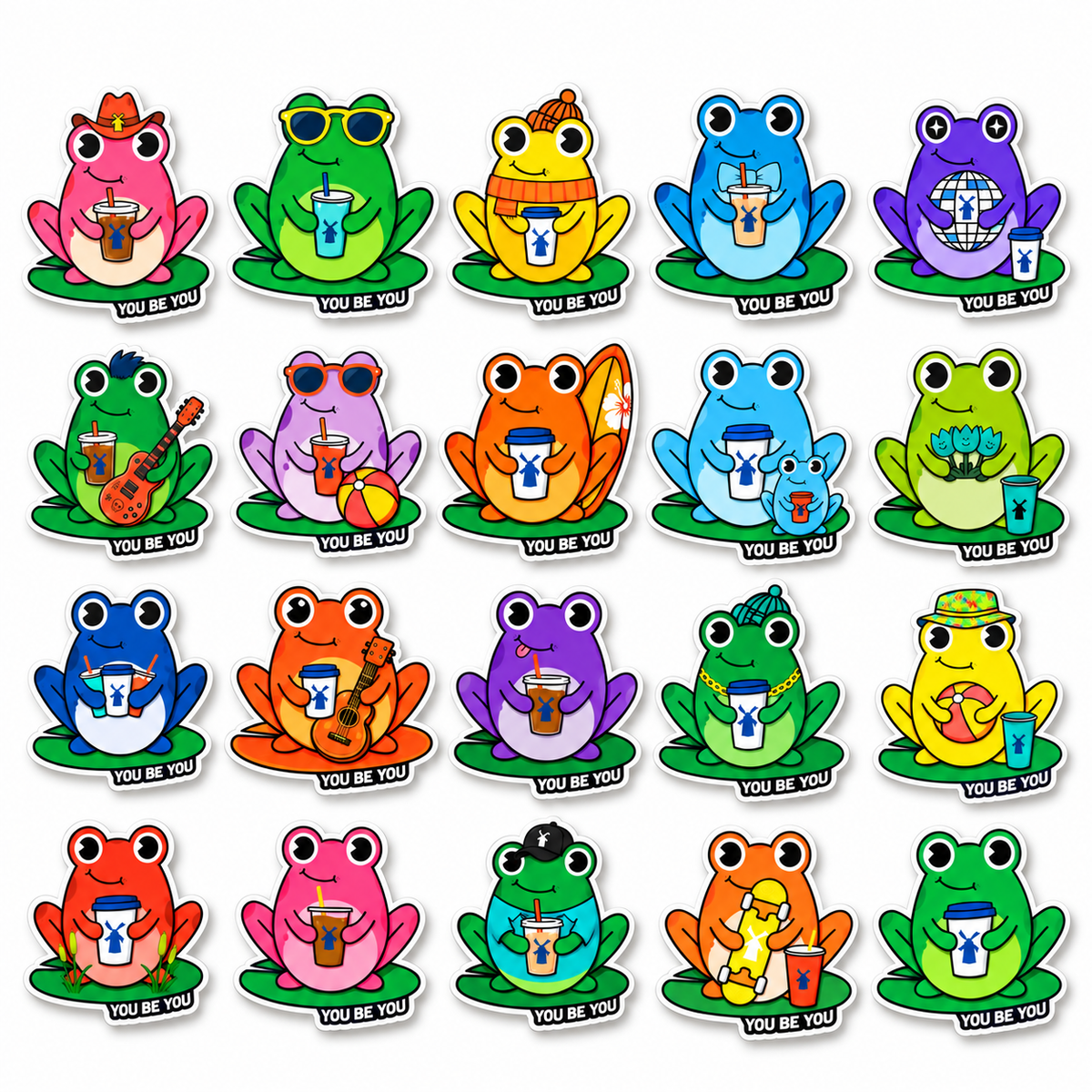 All 20 fan made Dutch Coffee Frogs stickers, separated on a white background, with one of each design included in the bundle.