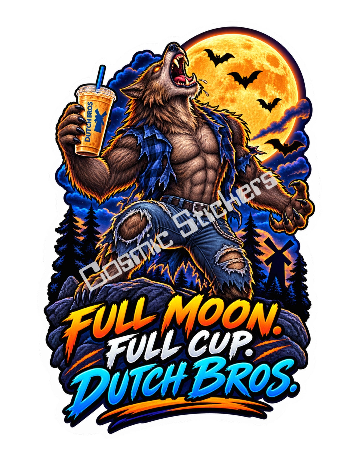 Fan-made Full Moon Full Cup werewolf Dutch Bros inspired Halloween vinyl sticker