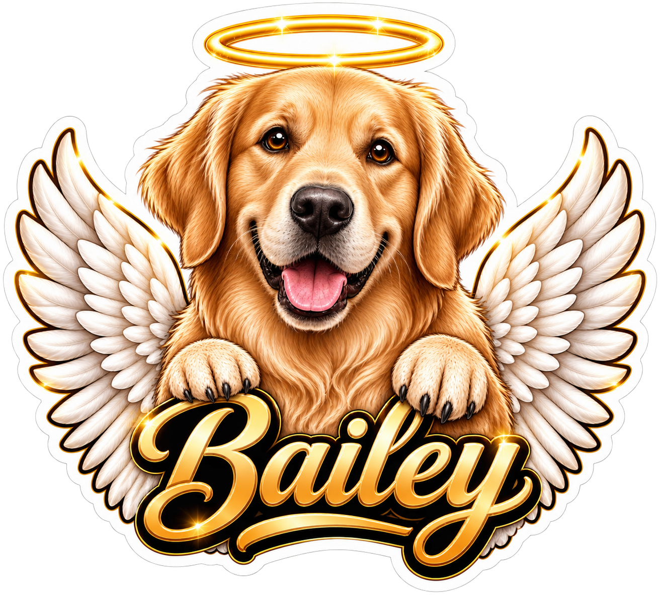 Heavenly Paws custom pet memorial sticker example with halo wings and personalized name