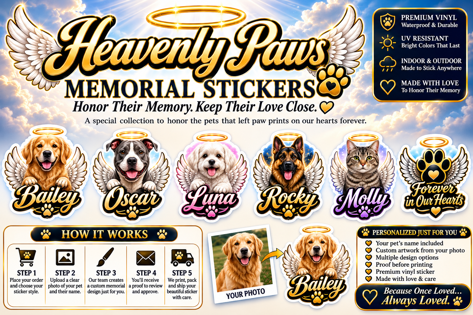 Heavenly Paws custom pet memorial stickers, examples, ordering process and personalization