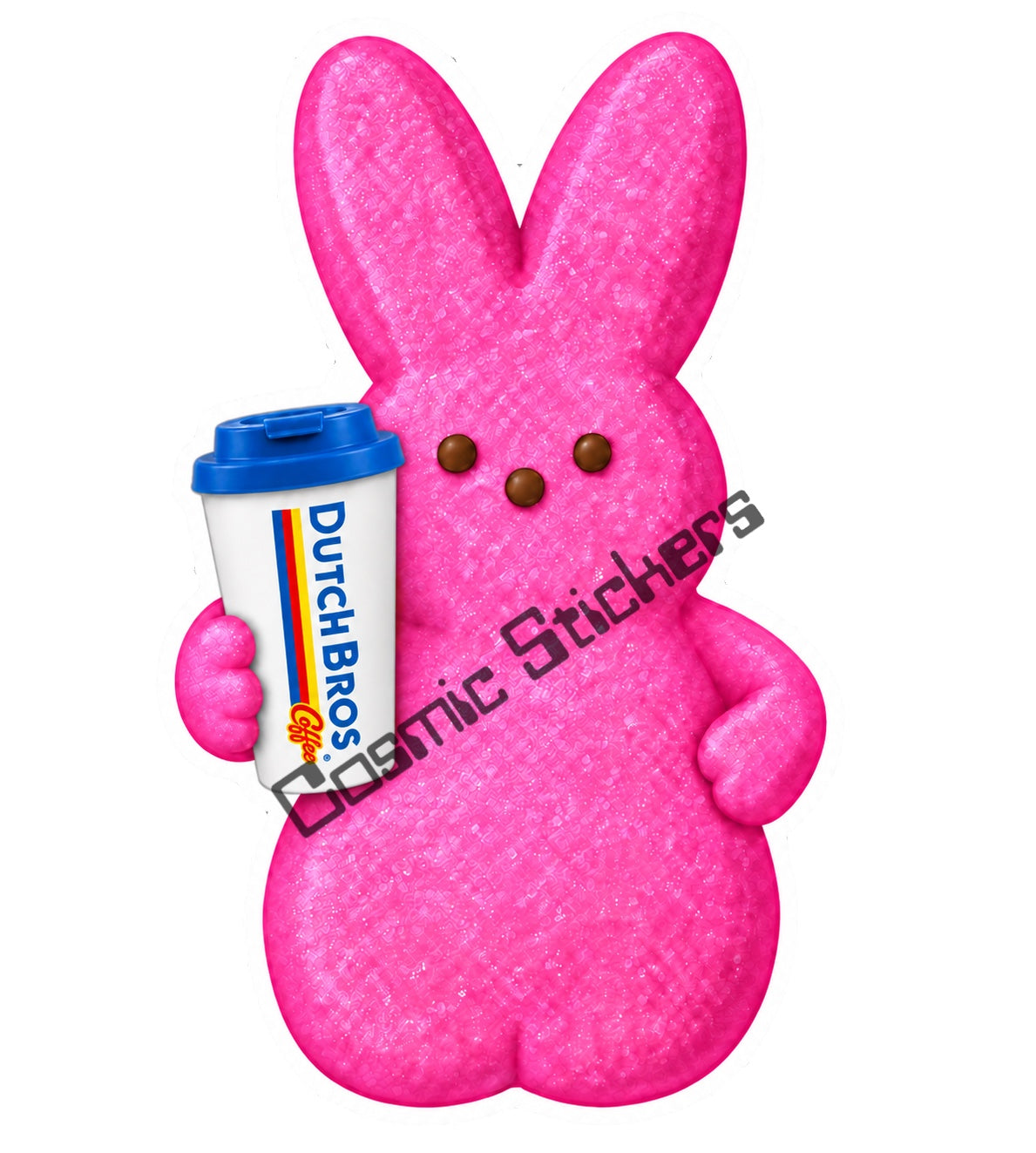 Pink marshmallow bunny holding Dutch Bros hot coffee