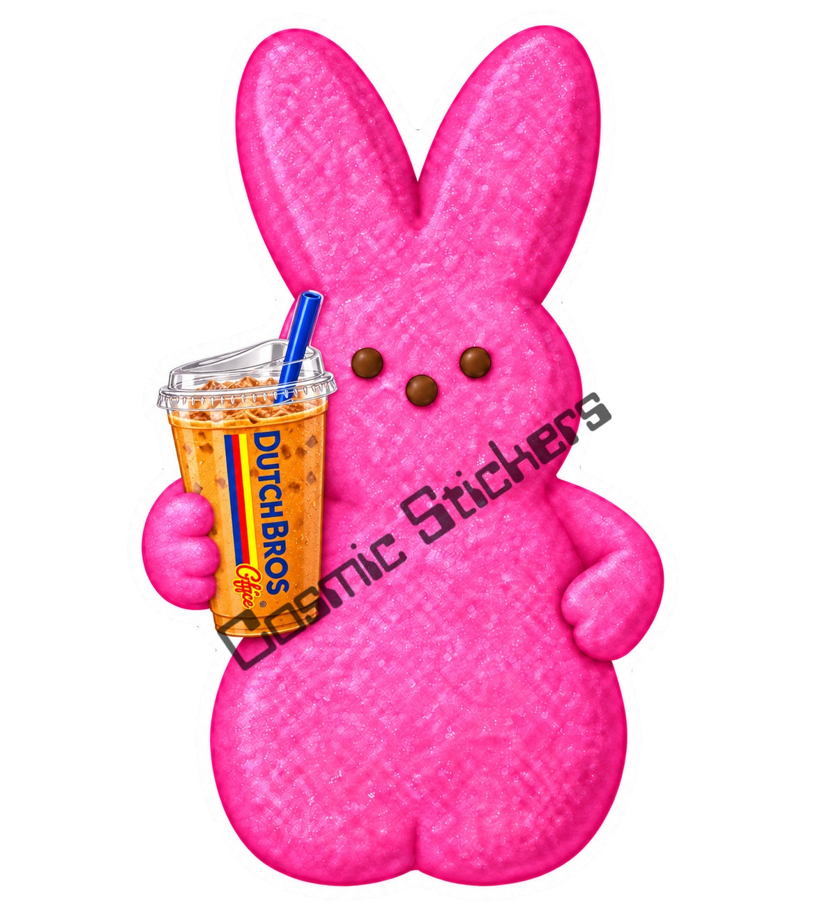 Pink marshmallow bunny holding Dutch Bros iced coffee
