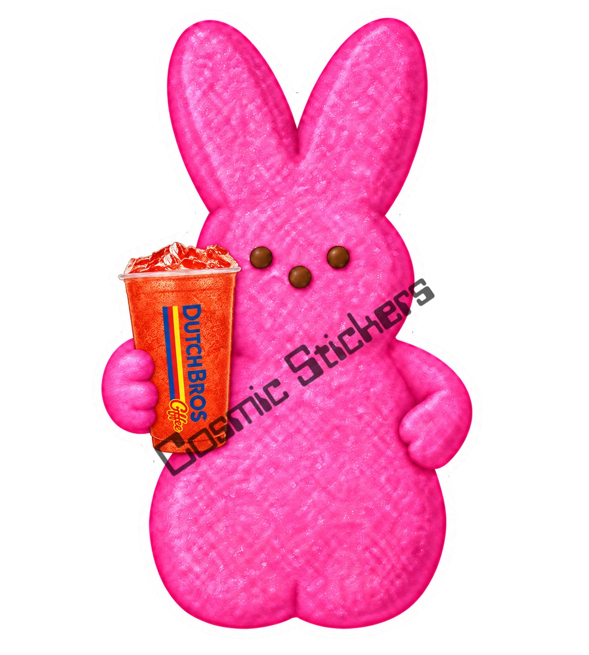 Pink marshmallow bunny holding iced Dutch Bros Rebel