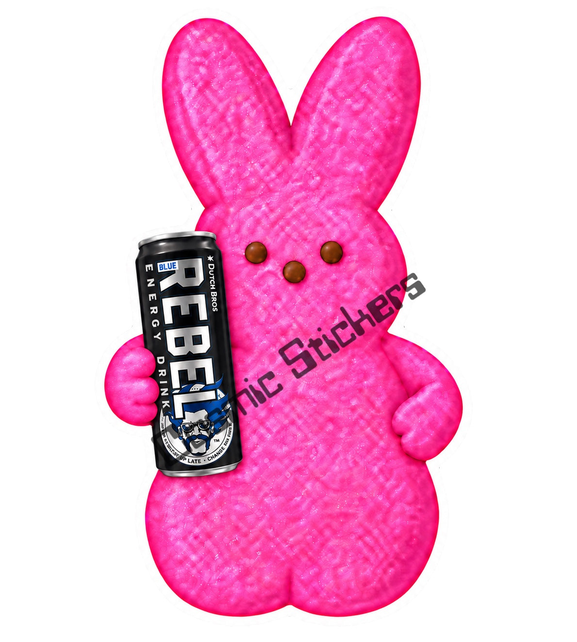 Pink marshmallow bunny holding regular Dutch Bros Rebel can