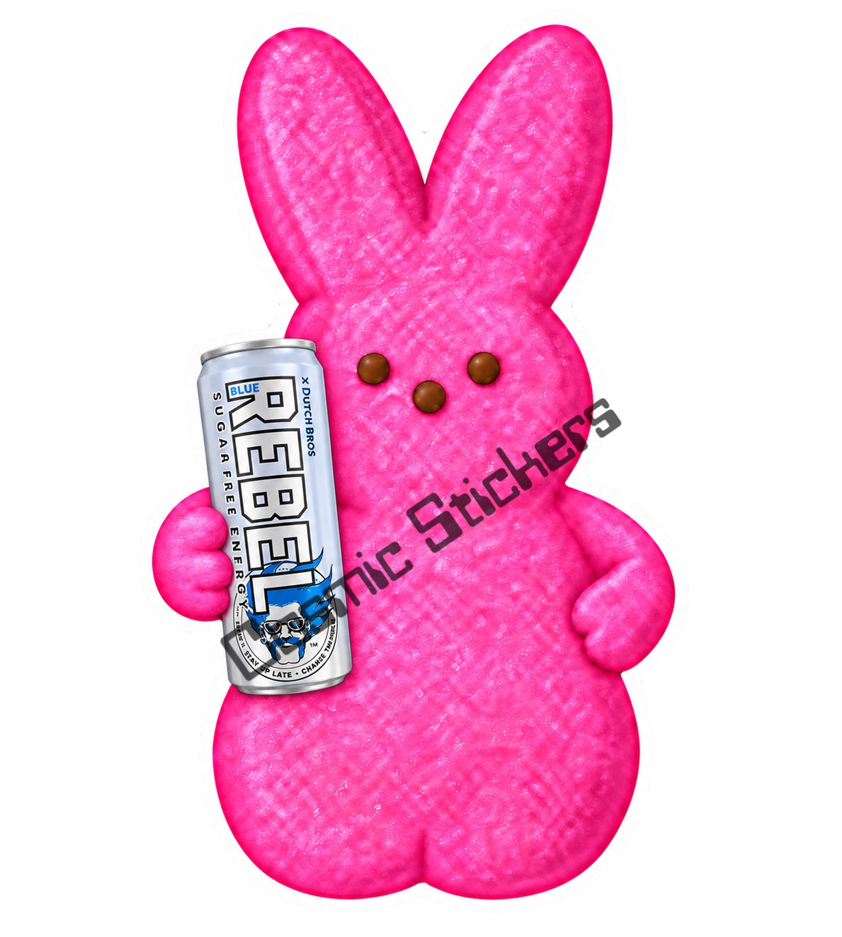 Pink marshmallow bunny holding sugar-free Dutch Bros Rebel can
