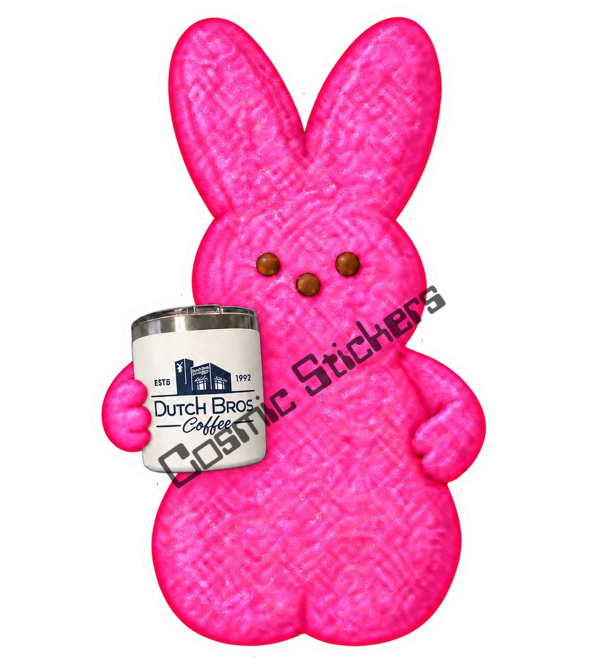 Pink marshmallow bunny holding Dutch Bros travel tumbler