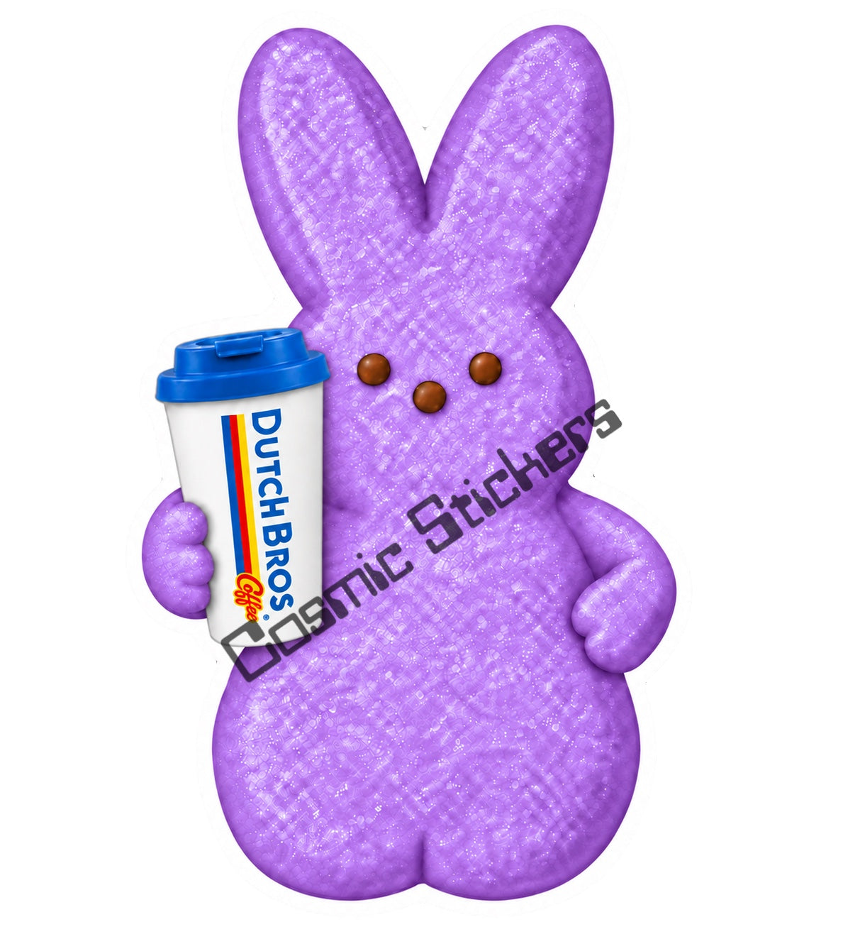 Purple marshmallow bunny holding Dutch Bros hot coffee