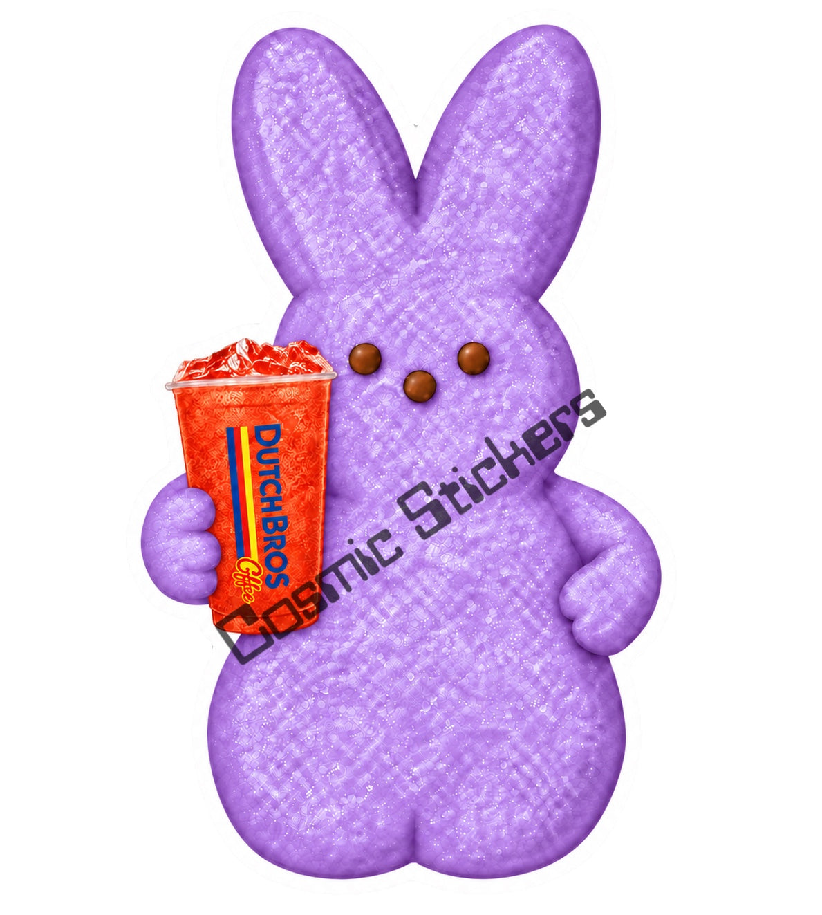 Purple marshmallow bunny holding iced Dutch Bros Rebel
