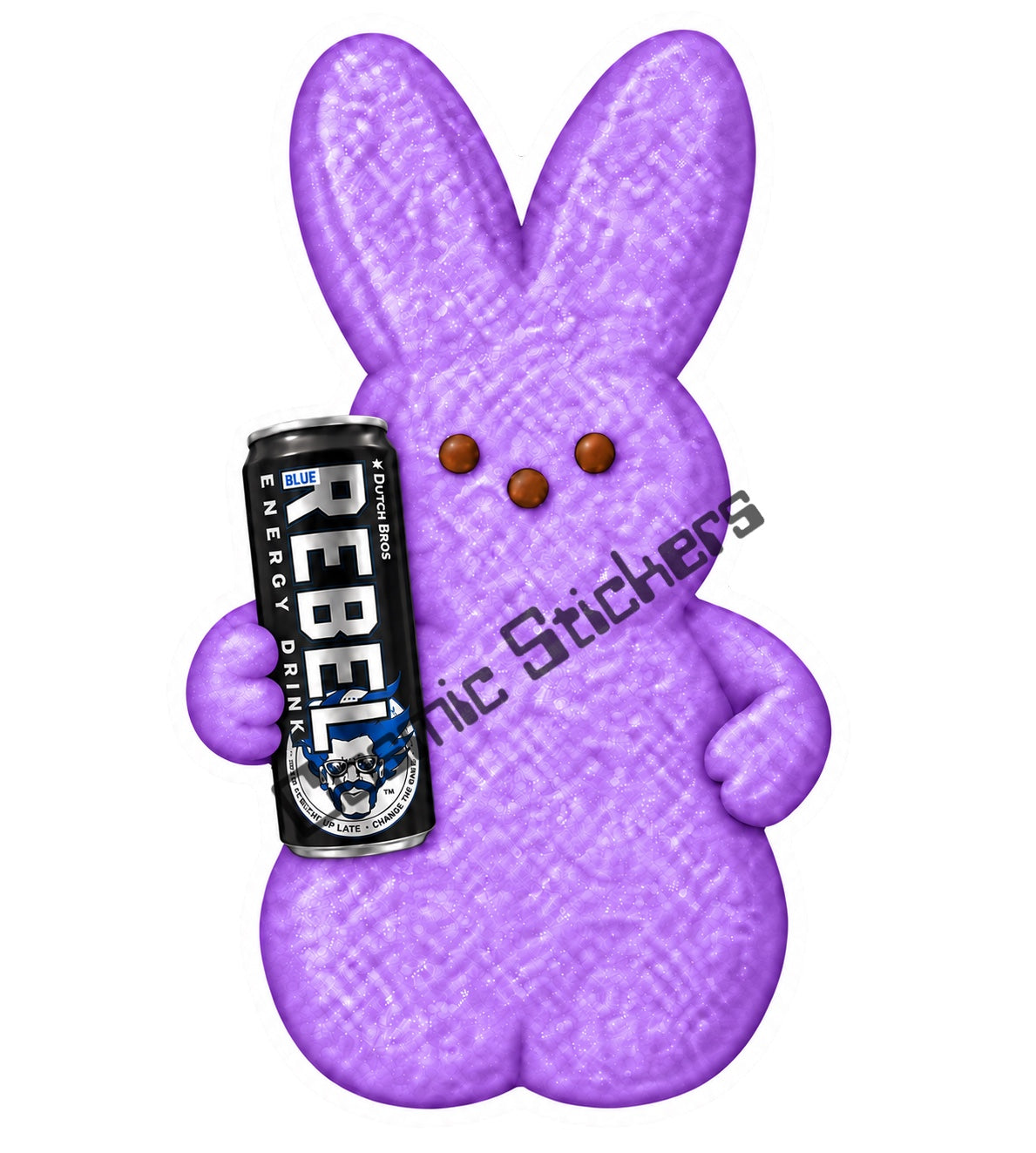 Purple marshmallow bunny holding regular Dutch Bros Rebel can
