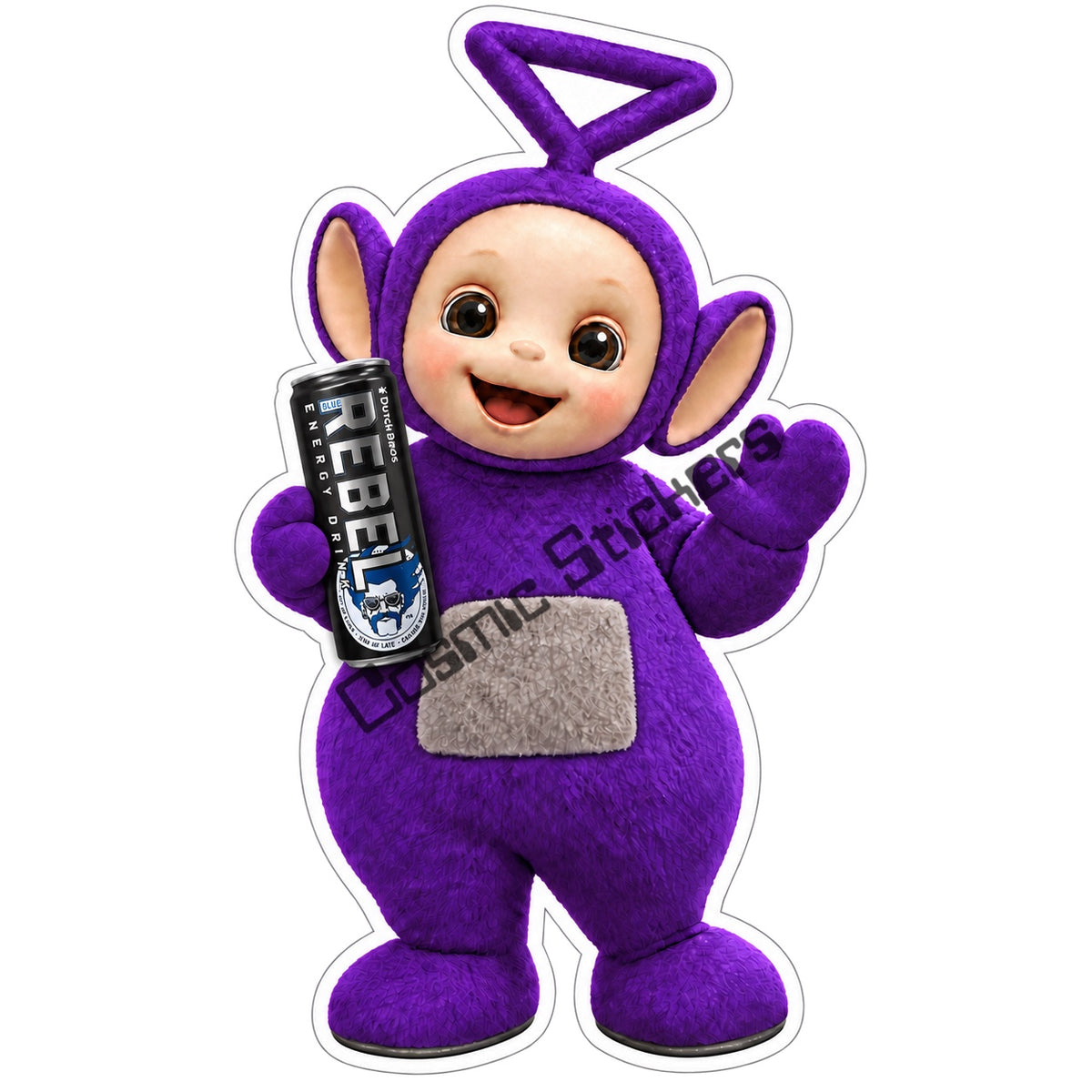 Tinky Winky fan-made Dutch Bros Regular Rebel Can sticker