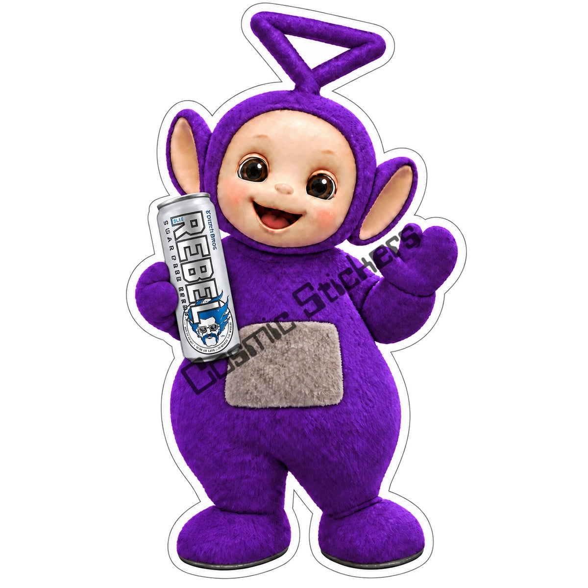 Tinky Winky fan-made Dutch Bros Sugar-Free Rebel Can sticker