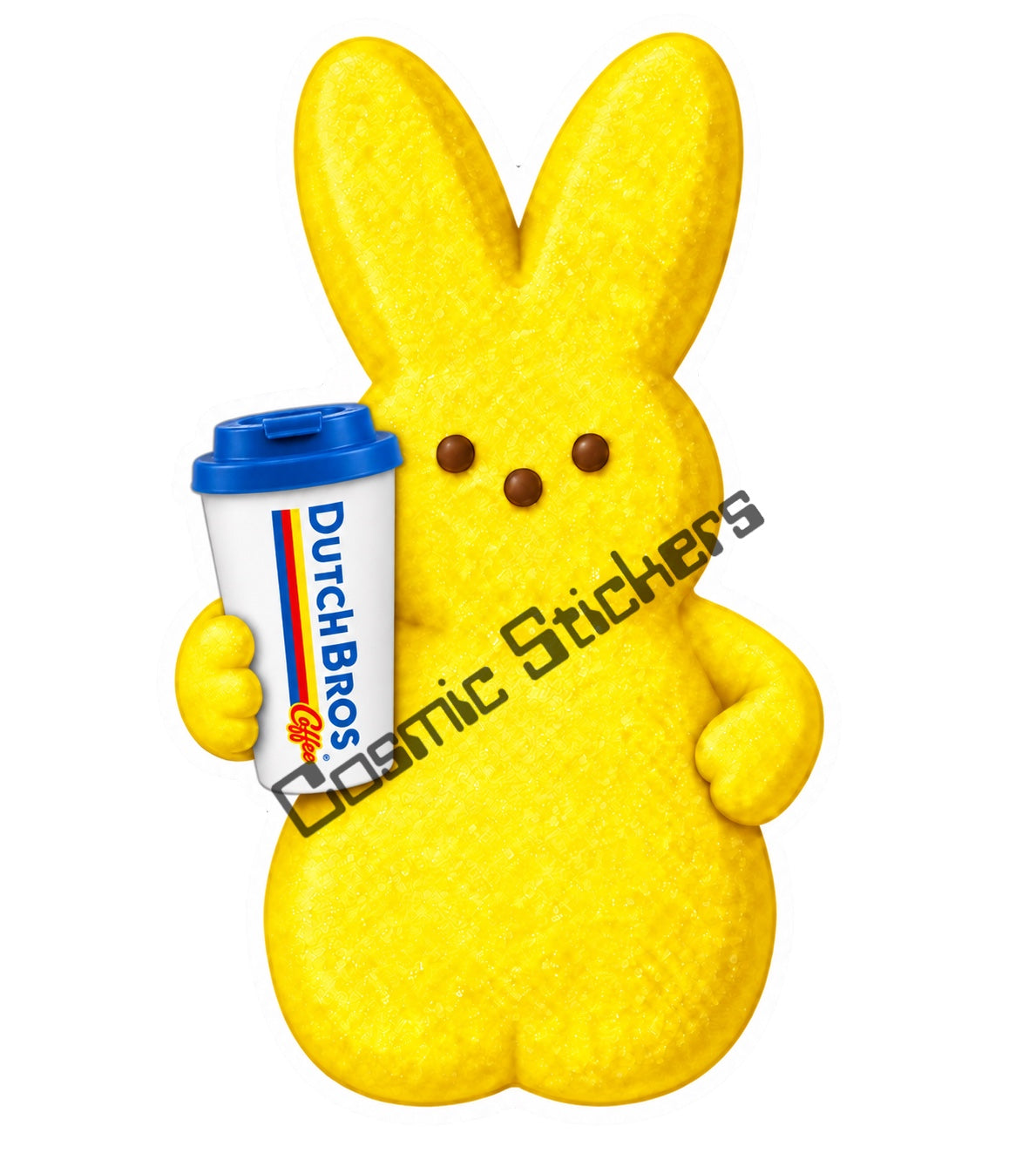 Yellow marshmallow bunny holding Dutch Bros hot coffee