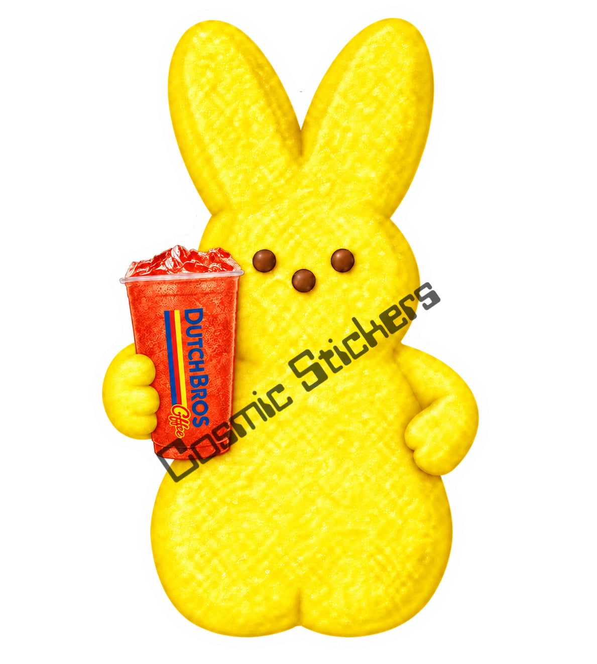 Yellow marshmallow bunny holding iced Dutch Bros Rebel