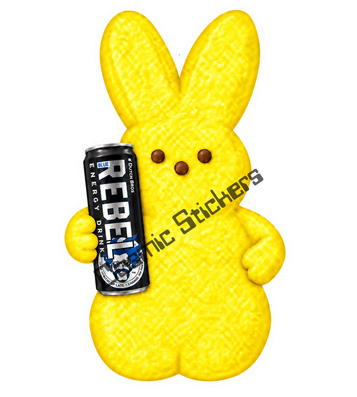 Yellow marshmallow bunny holding regular Dutch Bros Rebel can
