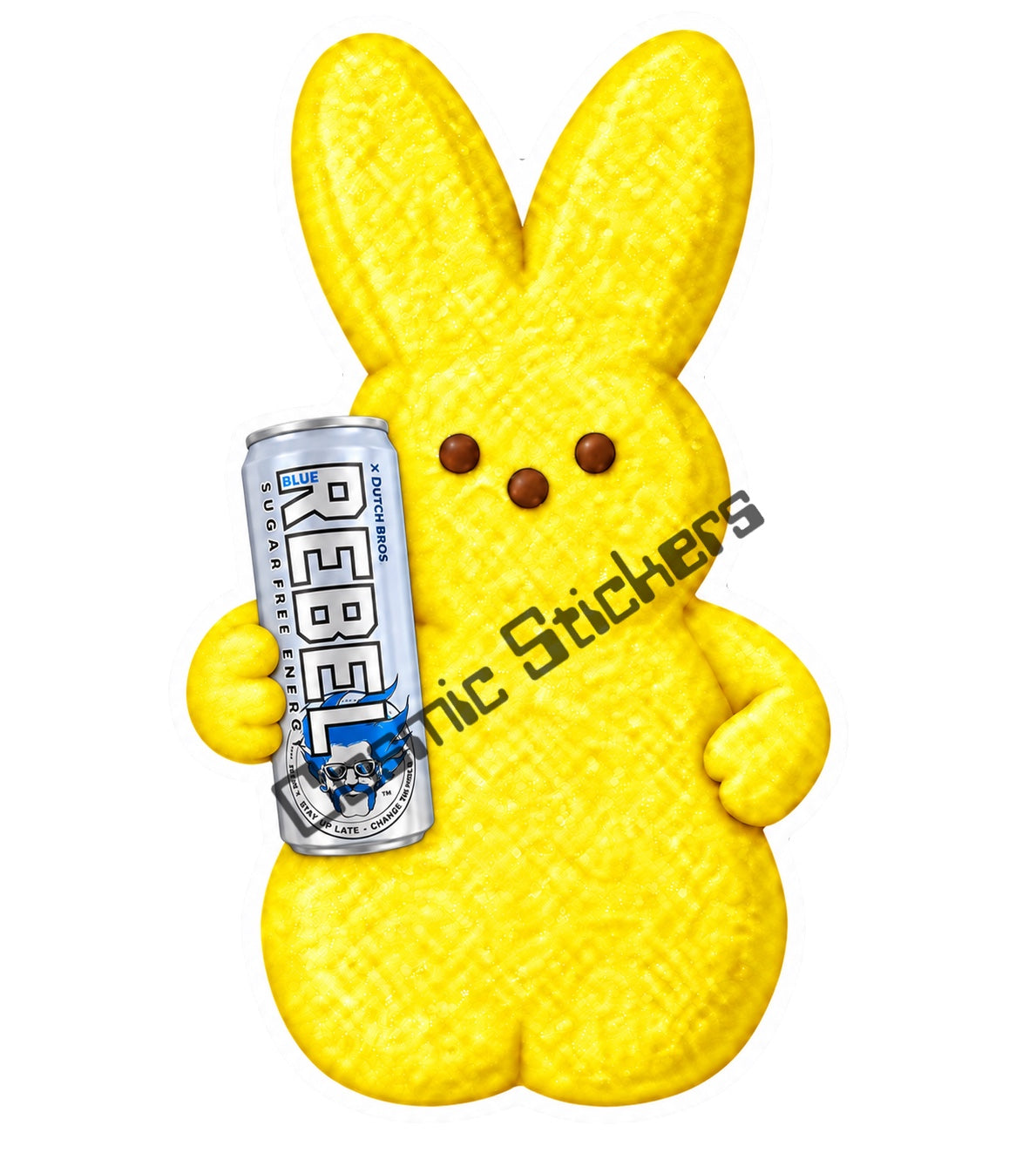 Yellow marshmallow bunny holding sugar-free Dutch Bros Rebel can